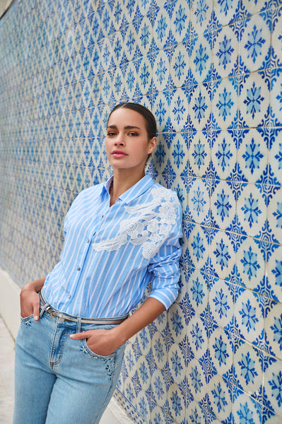15011 Striped Blouse with Lace Patch