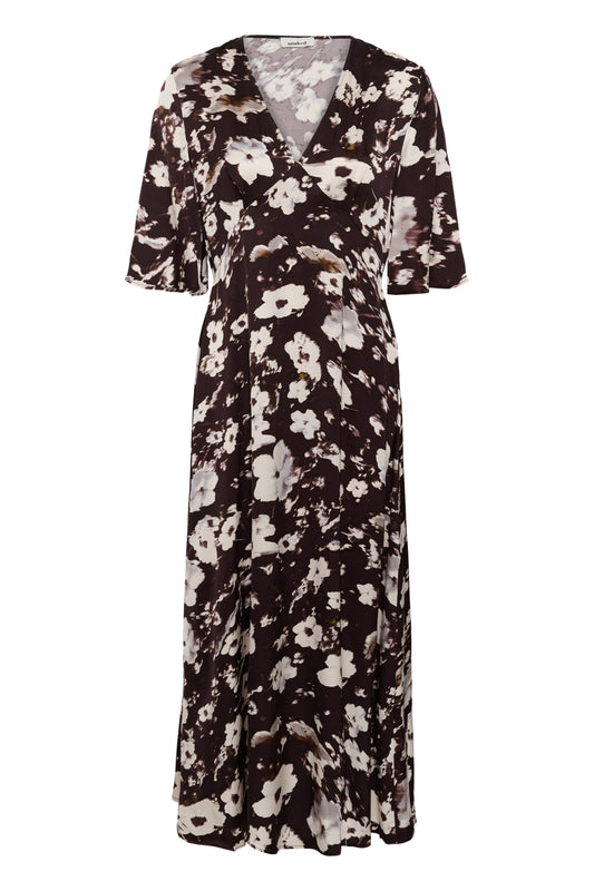 SLClero Midi Printed Dress in Brown Flower Print