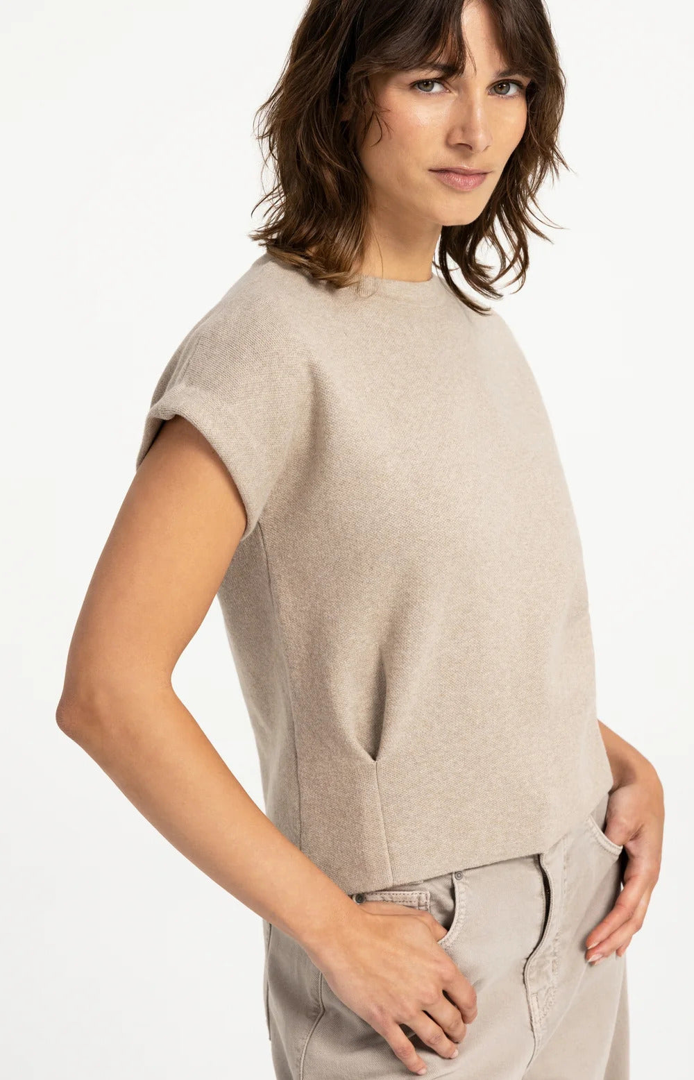 YAYA Jacquard Knit Top with Cap Sleeves