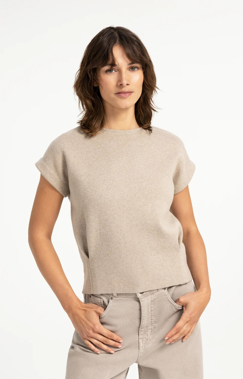YAYA Jacquard Knit Top with Cap Sleeves