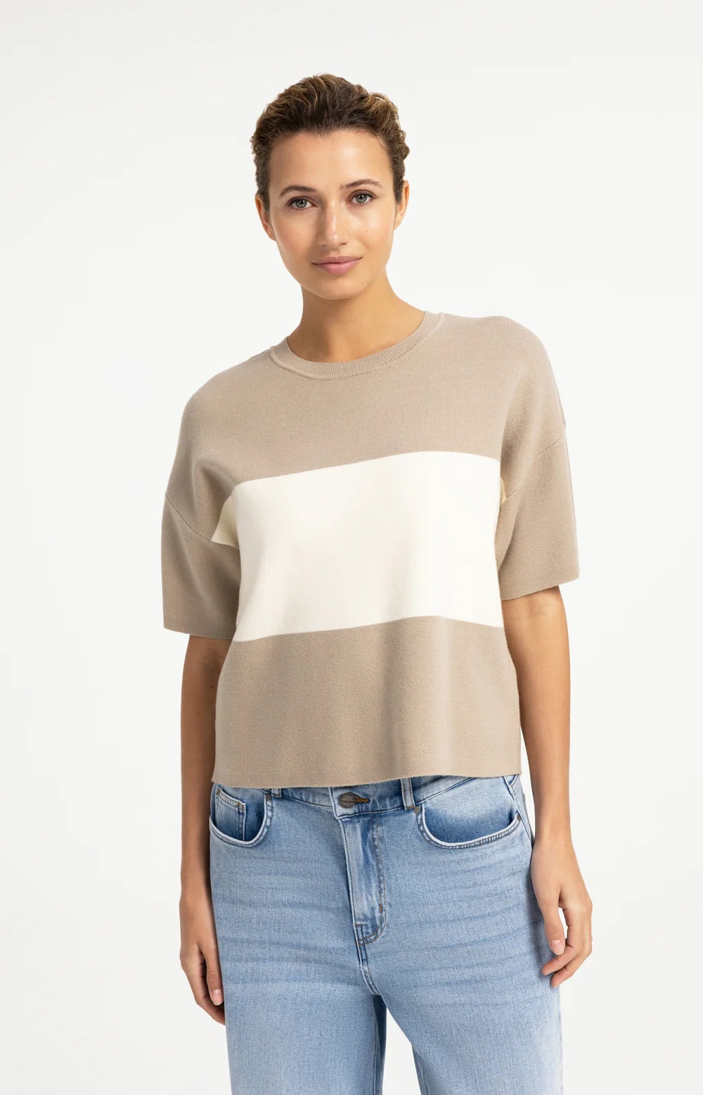 YAYA Knitted Top with Block Stripes and Short Sleeves