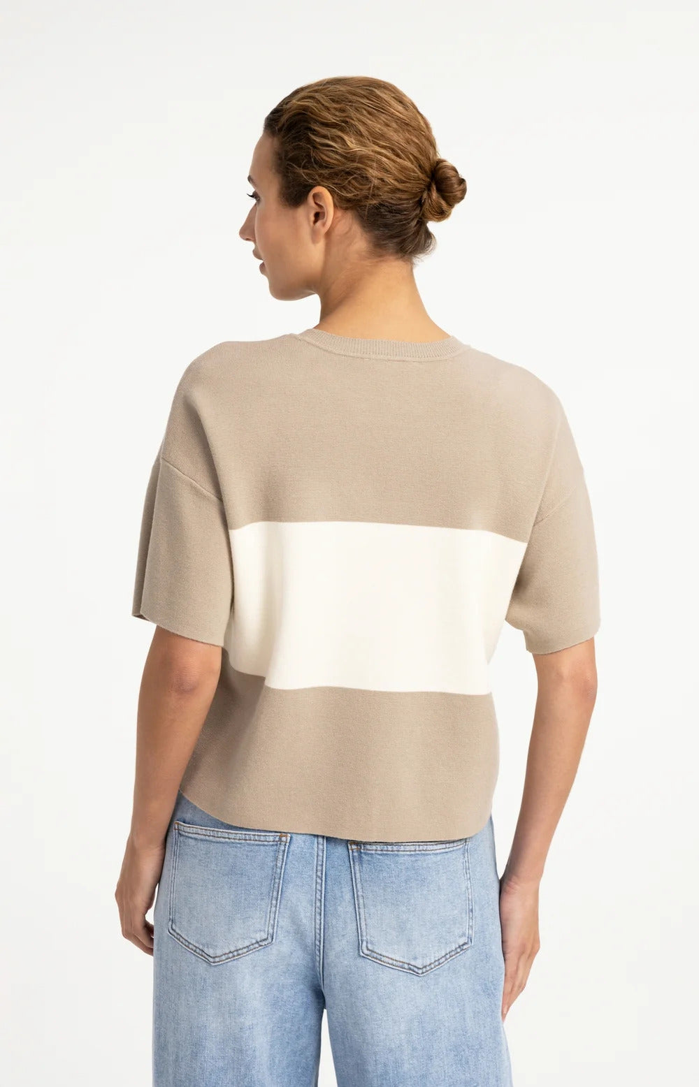 YAYA Knitted Top with Block Stripes and Short Sleeves