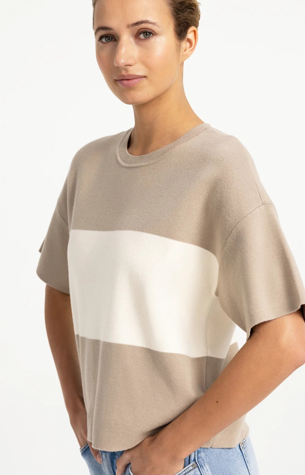 YAYA Knitted Top with Block Stripes and Short Sleeves