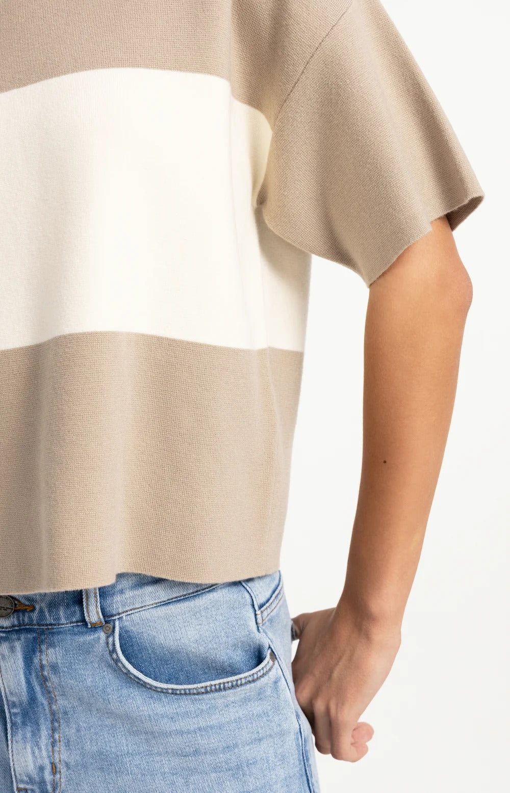 YAYA Knitted Top with Block Stripes and Short Sleeves