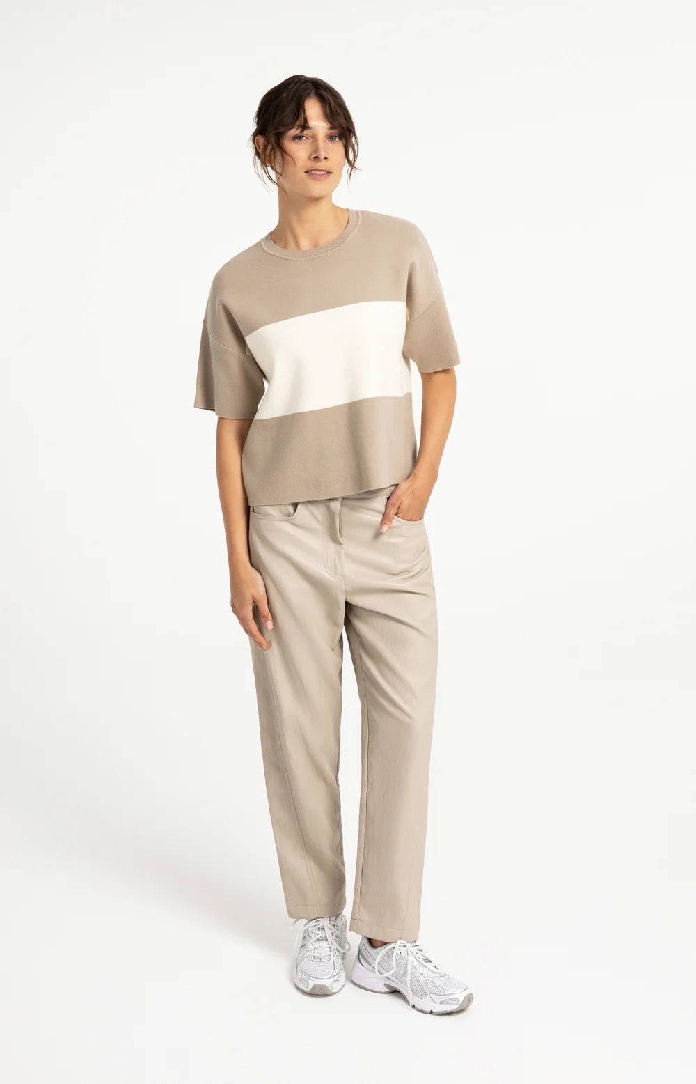YAYA Knitted Top with Block Stripes and Short Sleeves
