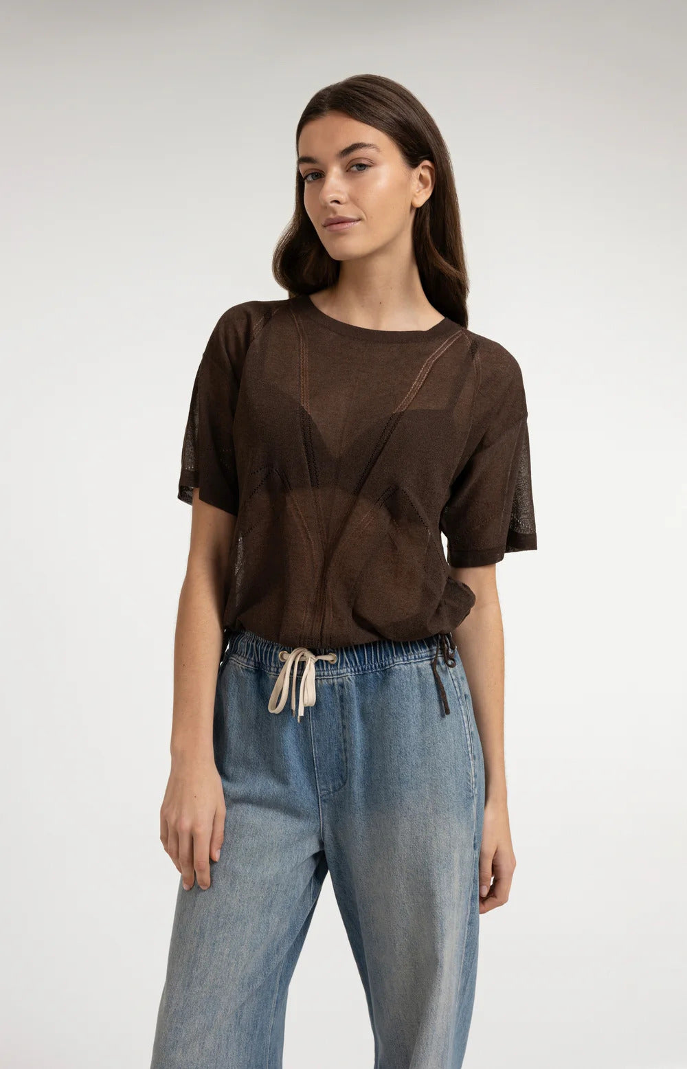 YAYA Open Textured Short Sleeve Sweatshirt