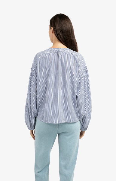 YAYA Striped Blouse with Shirred Shoulder Detail