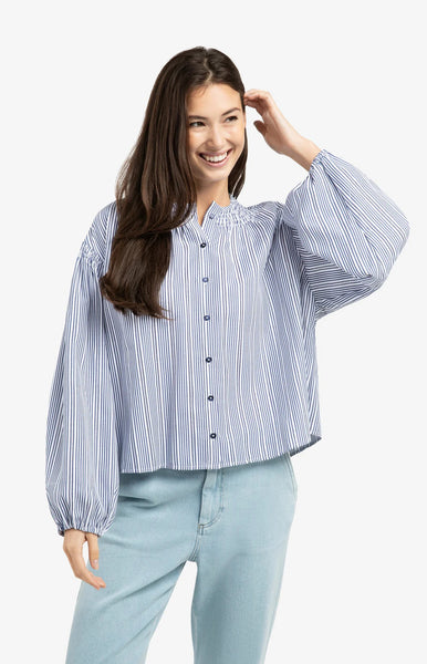YAYA Striped Blouse with Shirred Shoulder Detail