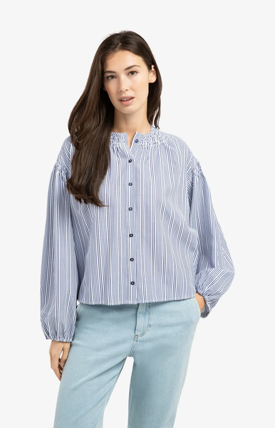 YAYA Striped Blouse with Shirred Shoulder Detail