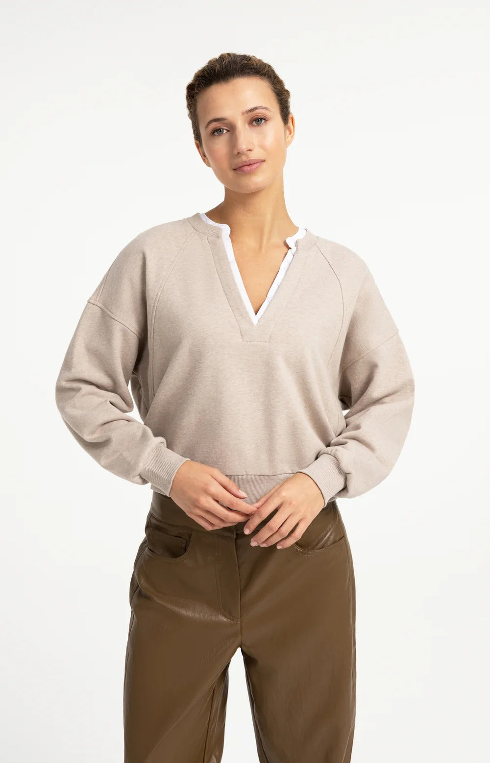 YAYA Sweatshirt with V-Neck and Woven Collar
