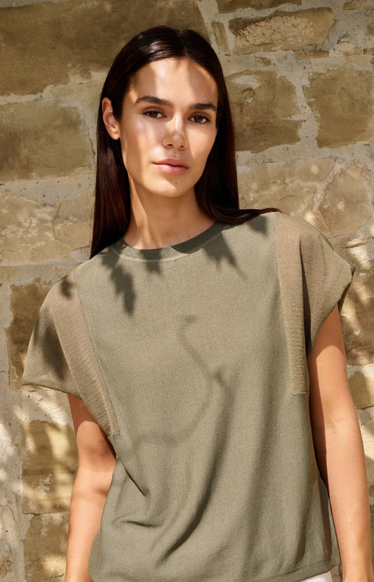 YAYA Crew Neck Top with Sheer Short Sleeves